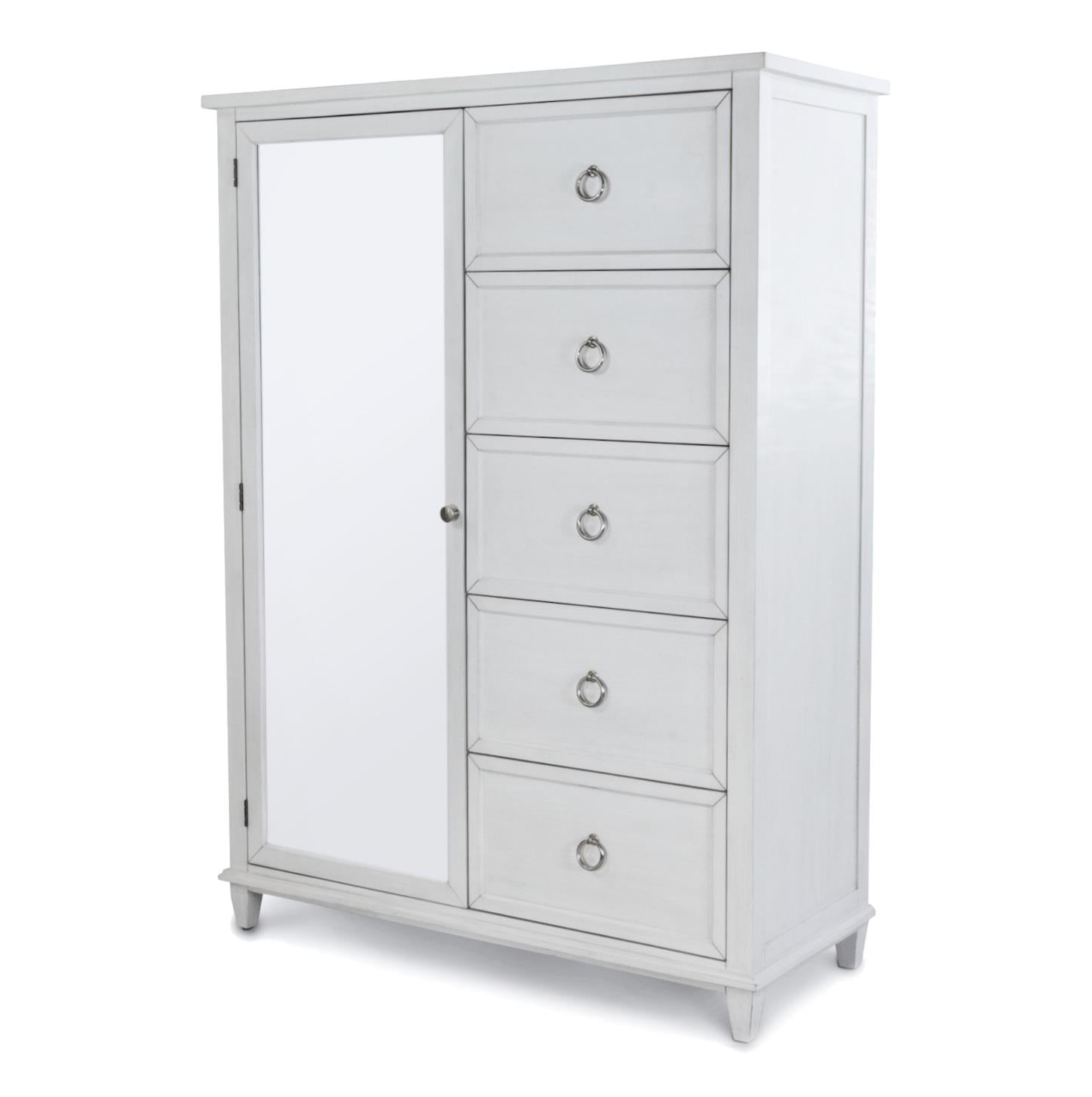 Point Breeze Mirrored Door Chest. Fresh White Finish w/ Soft Grey Glaze