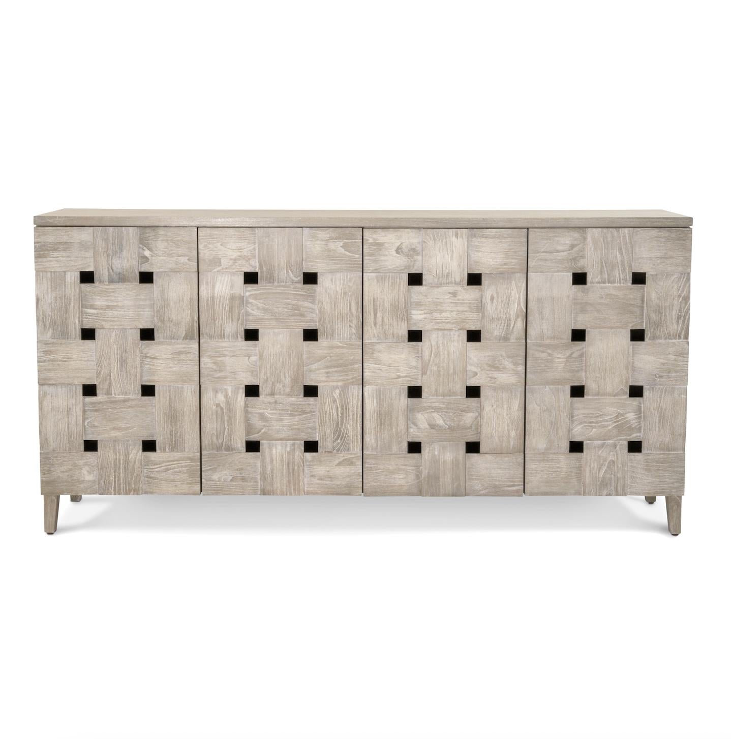 Wooden Weave 4-Door Credenza, Soft Close Doors, Grey Wash Finish.