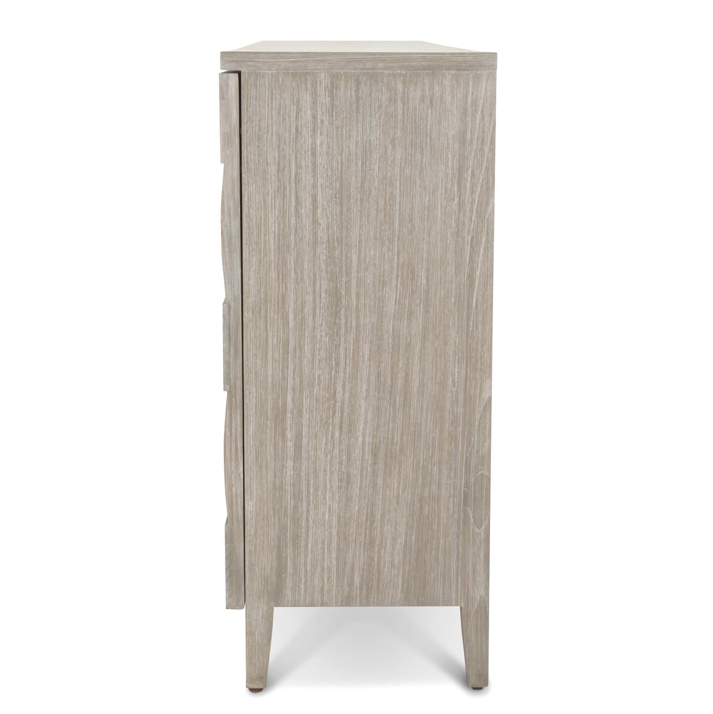 Wooden Weave 4-Door Credenza, Soft Close Doors, Grey Wash Finish.