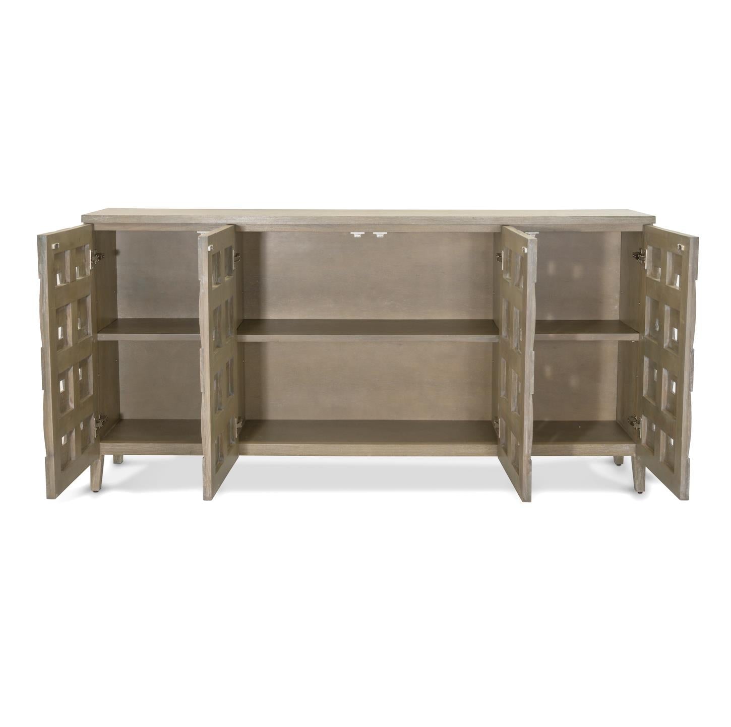 Wooden Weave 4-Door Credenza, Soft Close Doors, Grey Wash Finish.