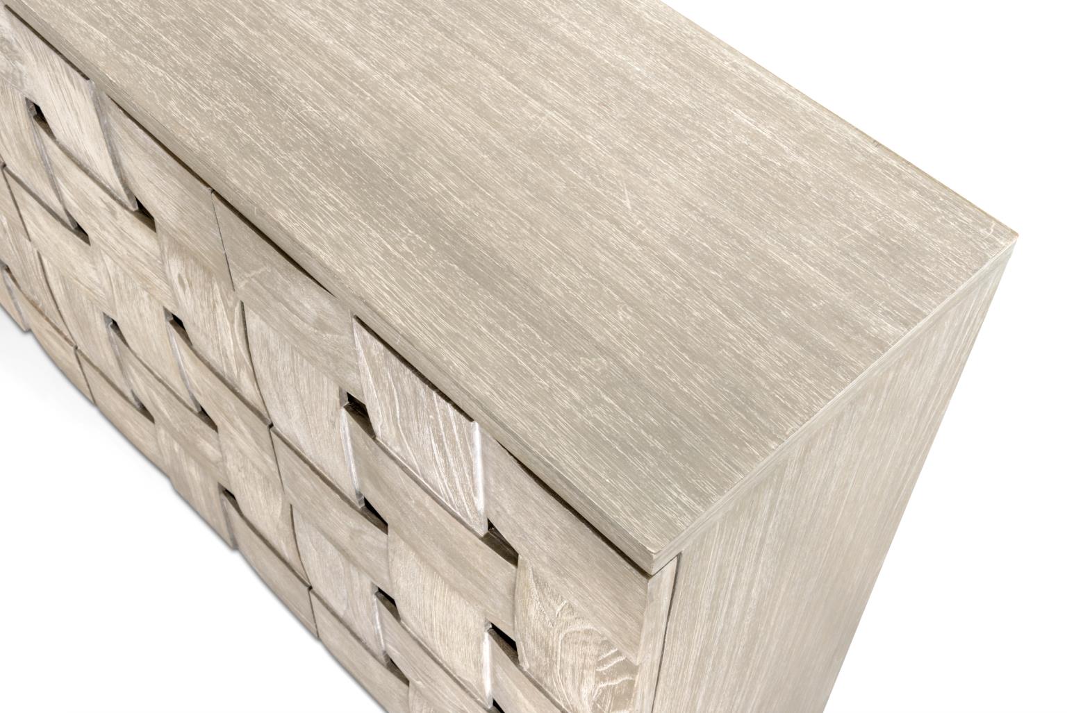 Wooden Weave 4-Door Credenza, Soft Close Doors, Grey Wash Finish.