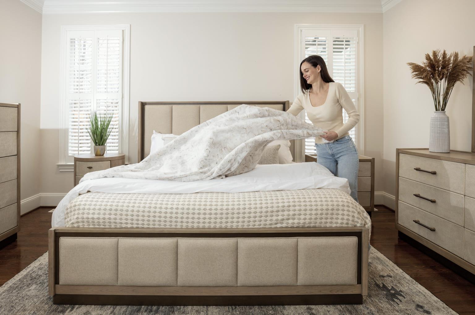 Rio Vista Upholstered Queen Bed Complete. Muted Earth Tones and Clay Finish