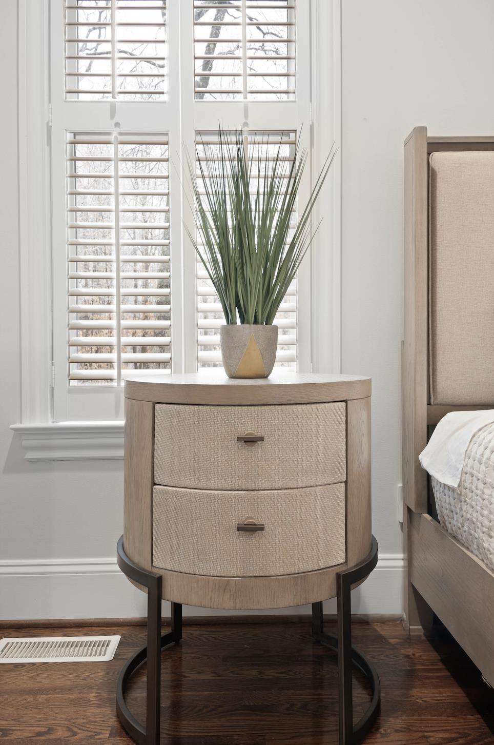 Rio Vista Woven 2 Drawer Round Accent Nightstand. Muted Earth Tones and Clay Finish