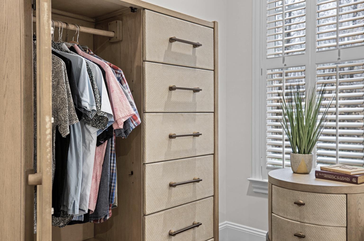 Rio Vista Woven Mirrored Door Chest. Muted Earth Tones and Clay Finish