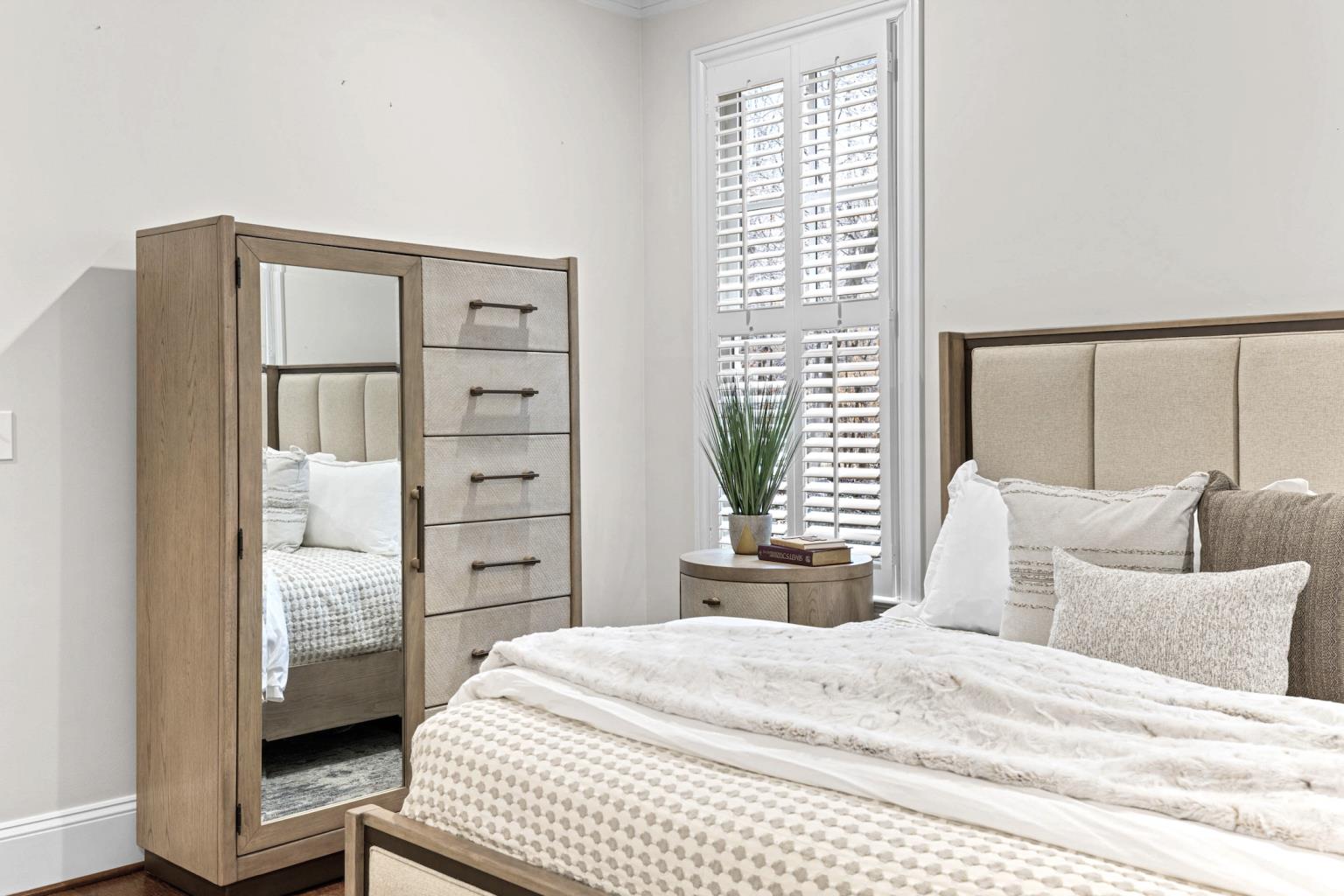 Rio Vista Woven Mirrored Door Chest. Muted Earth Tones and Clay Finish