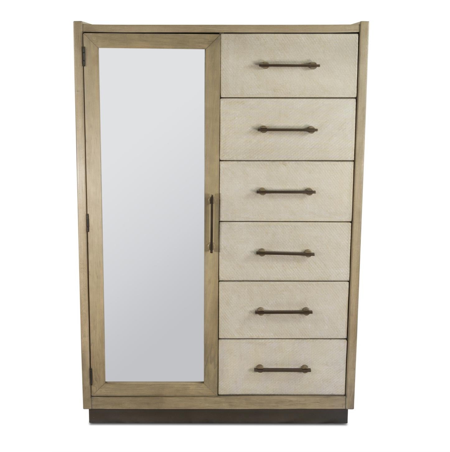 Rio Vista Woven Mirrored Door Chest. Muted Earth Tones and Clay Finish