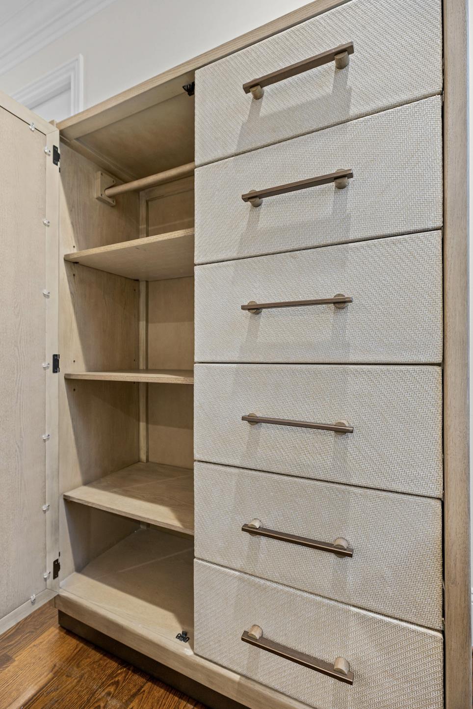 Rio Vista Woven Mirrored Door Chest. Muted Earth Tones and Clay Finish
