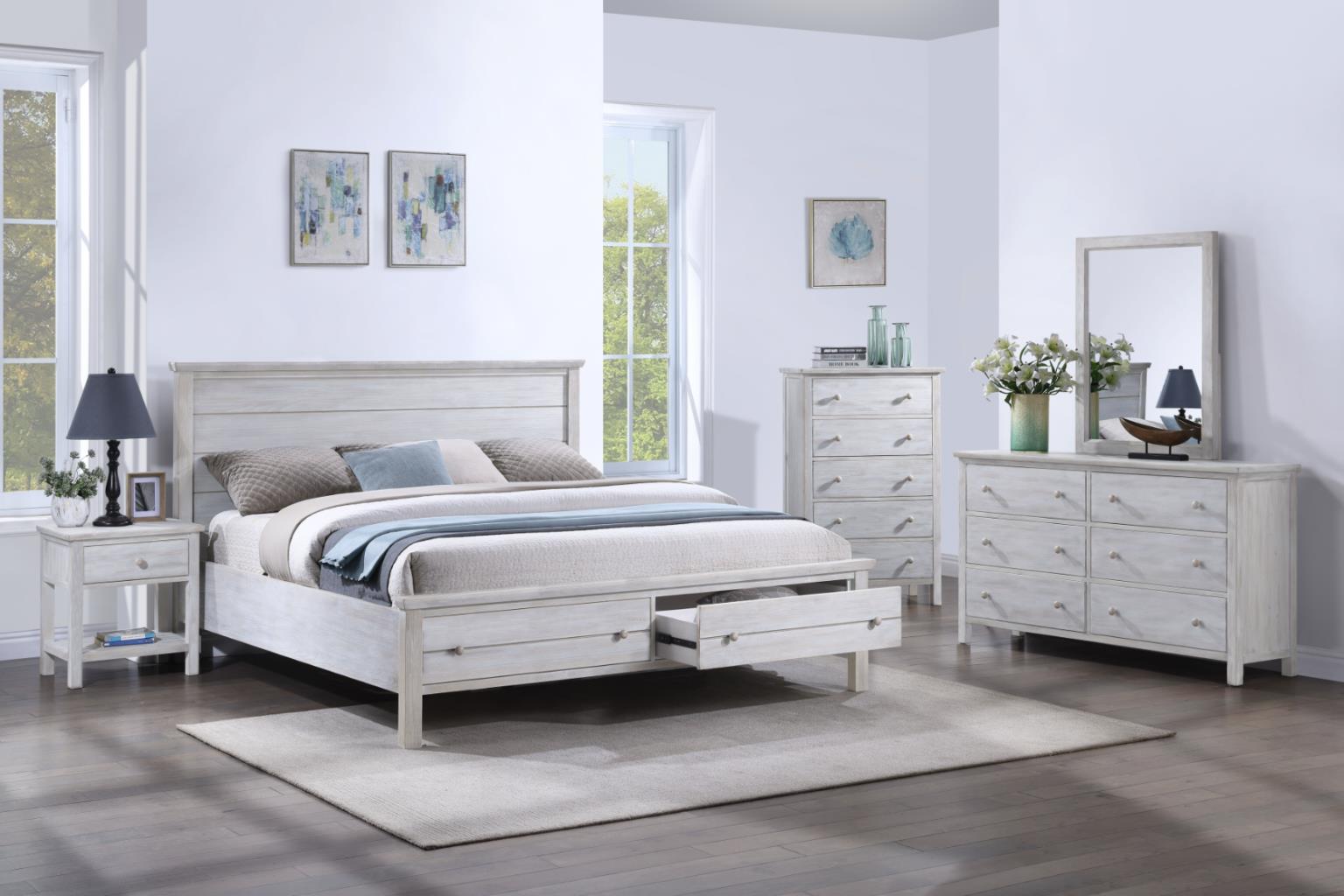 Geneva 1 Drawer Nightstand w/ USB A + C. Distressed White Finish