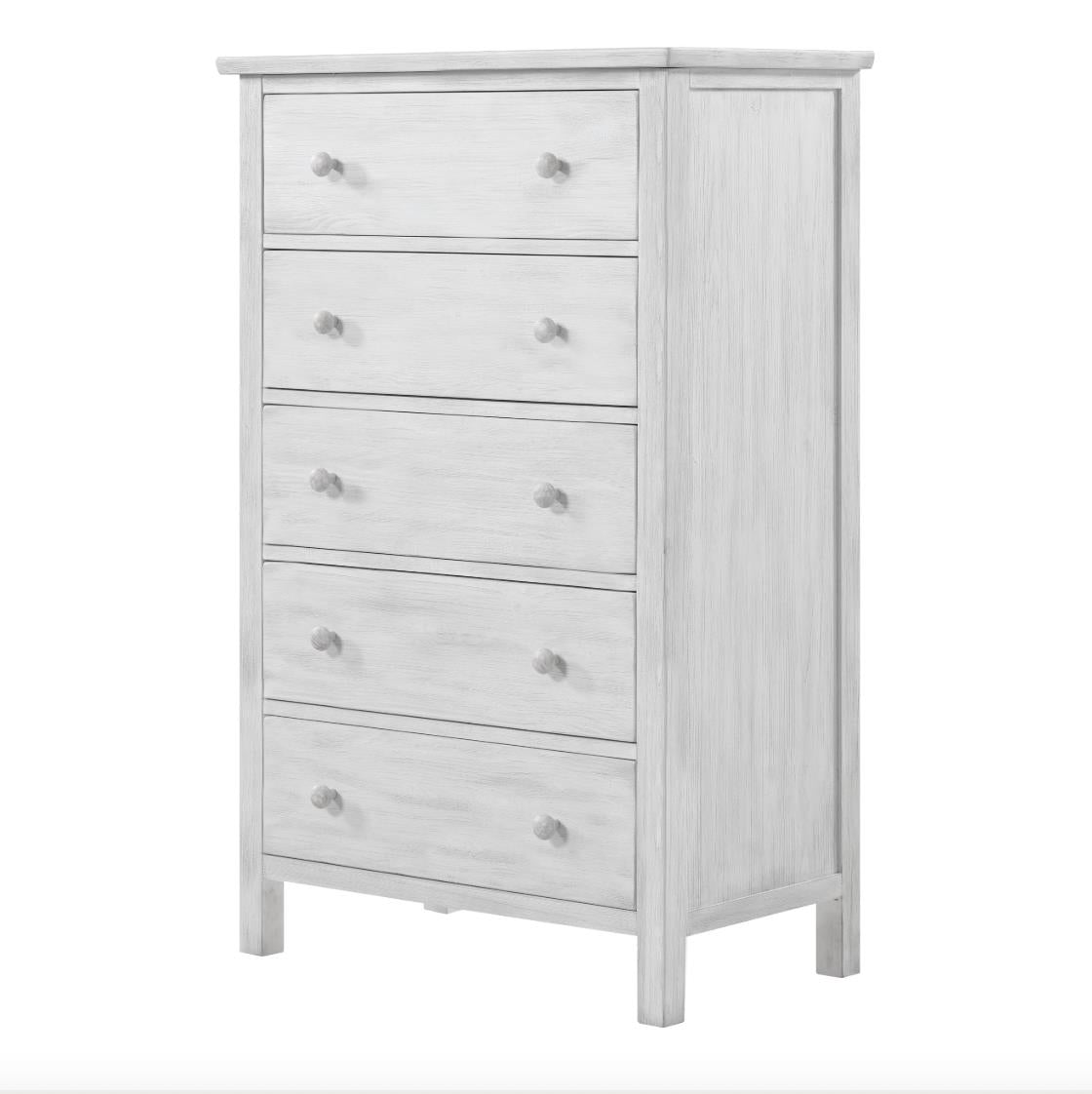 Geneva 5 Drawer Chest. Distressed White Finish