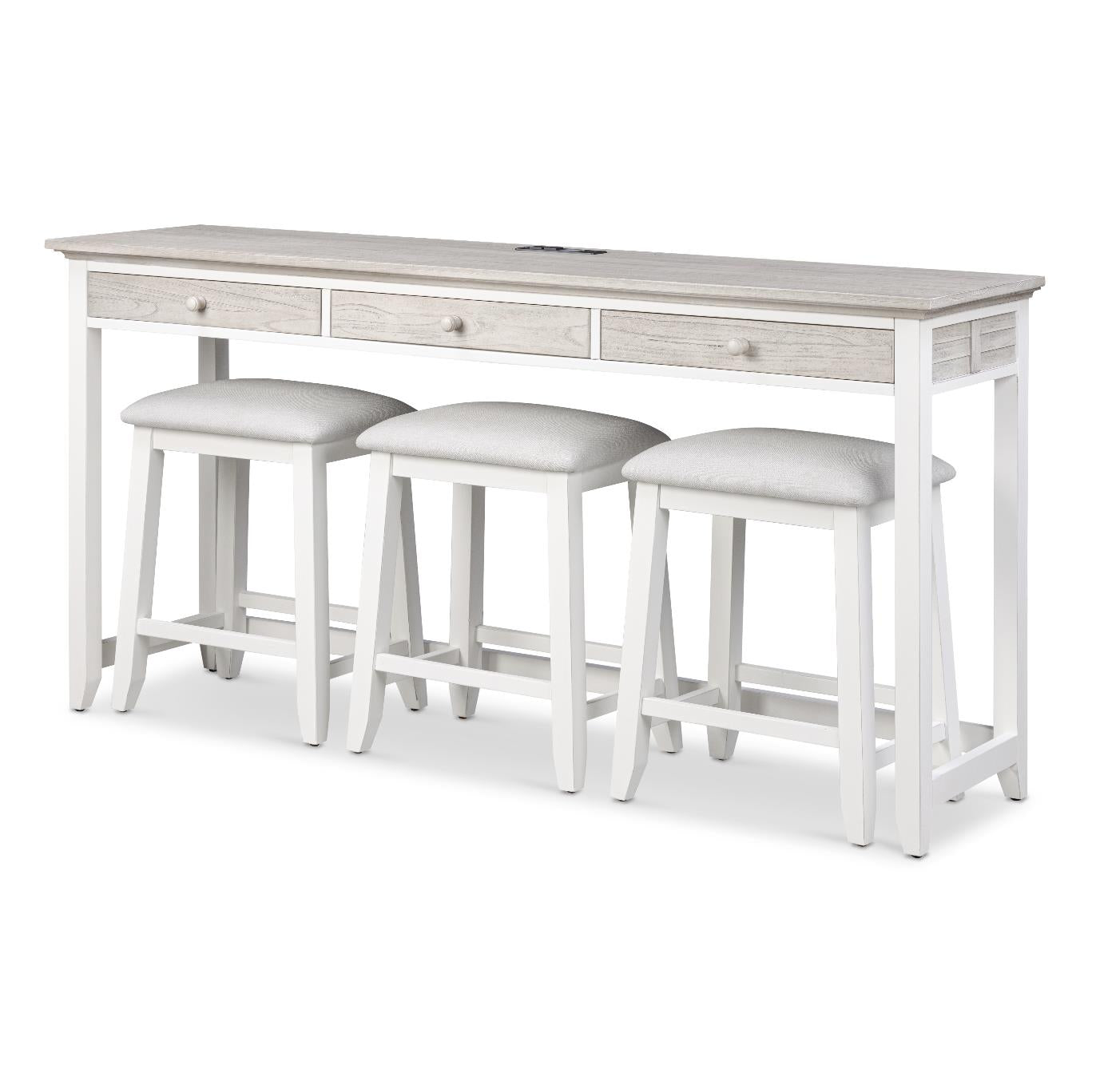 Islamorada 3-Drawer Console Table w/ Power. Dapple Grey Finish