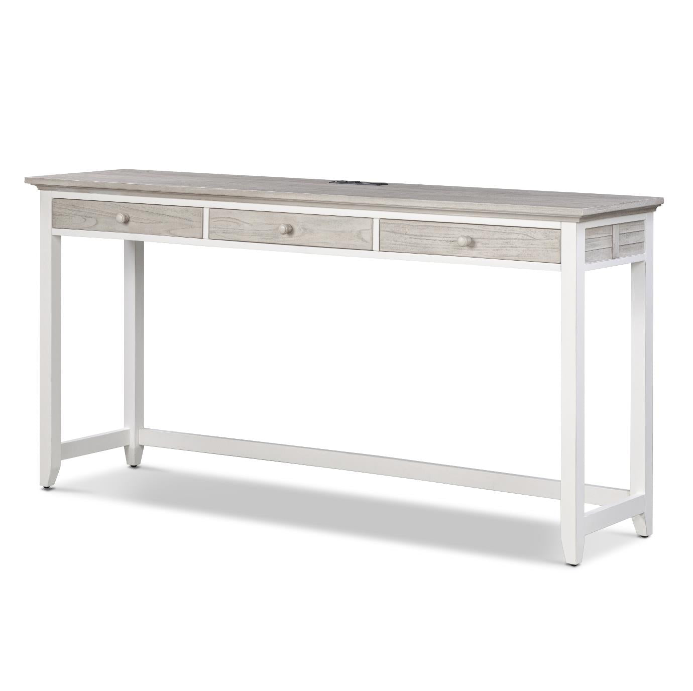 Islamorada 3-Drawer Console Table w/ Power. Dapple Grey Finish
