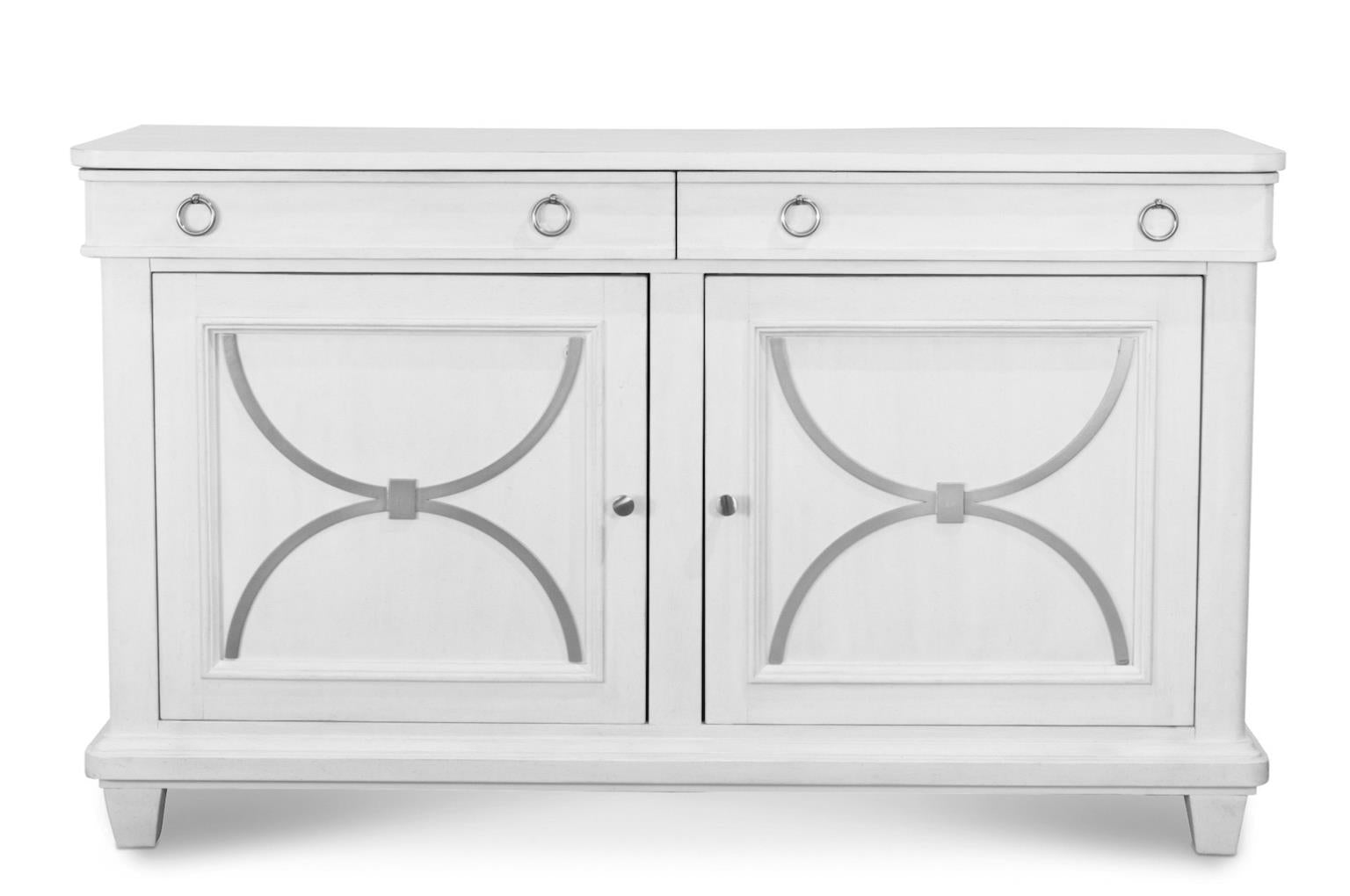 Point Breeze Credenza w/ Metal and Silver Tray (68"). Fresh White Finish
