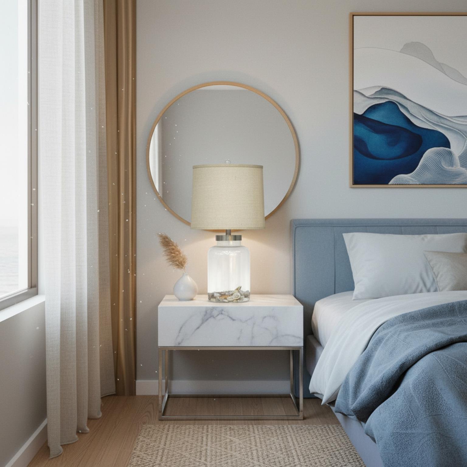 Shoreline Treasures, 27" Glass Table Lamp w/ Seashells and Burlap Shade. Sold as 2 pack