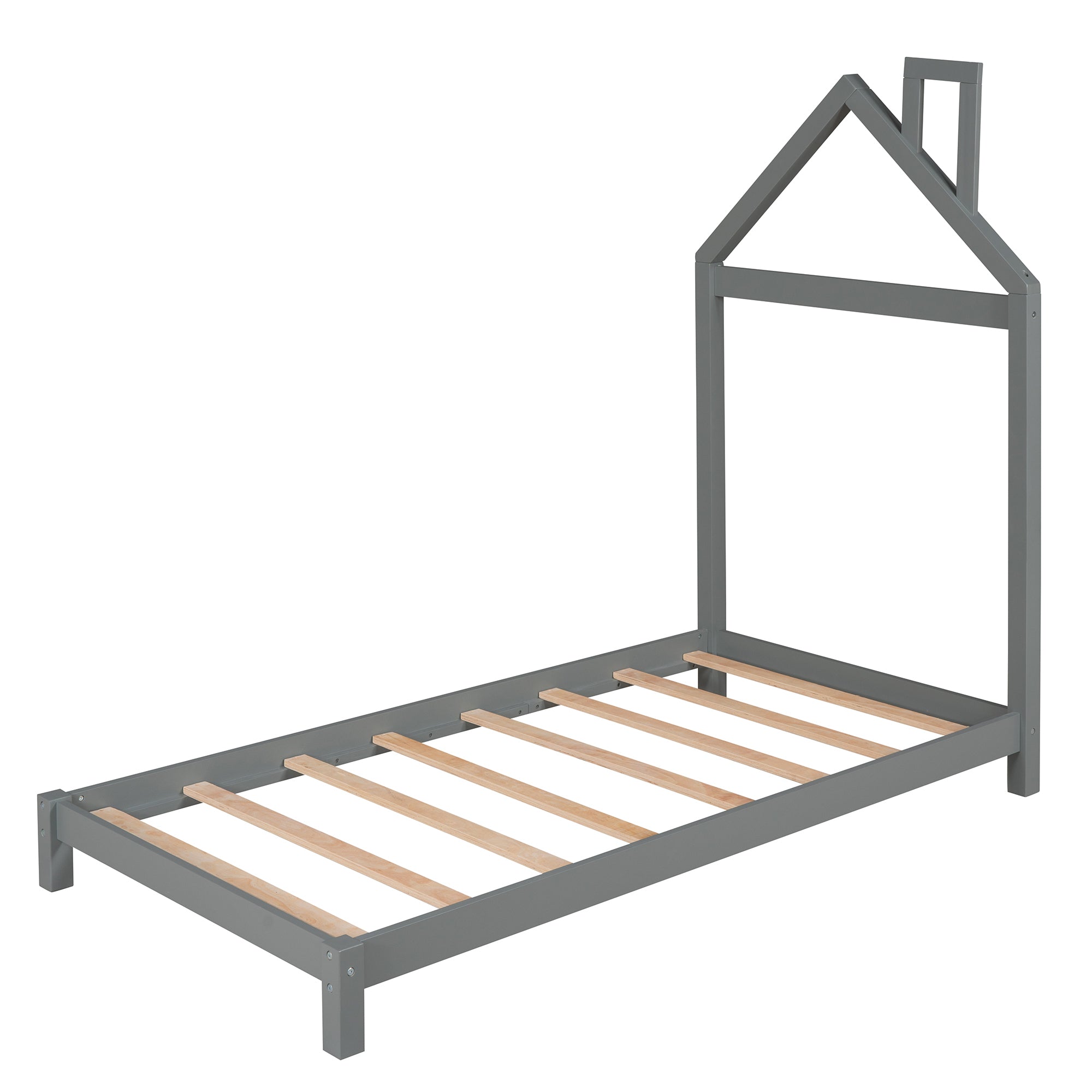 Twin Size Wood Platform Bed with House-shaped Headboard  (Gray) - Atlantic Fine Furniture Melbourne FL