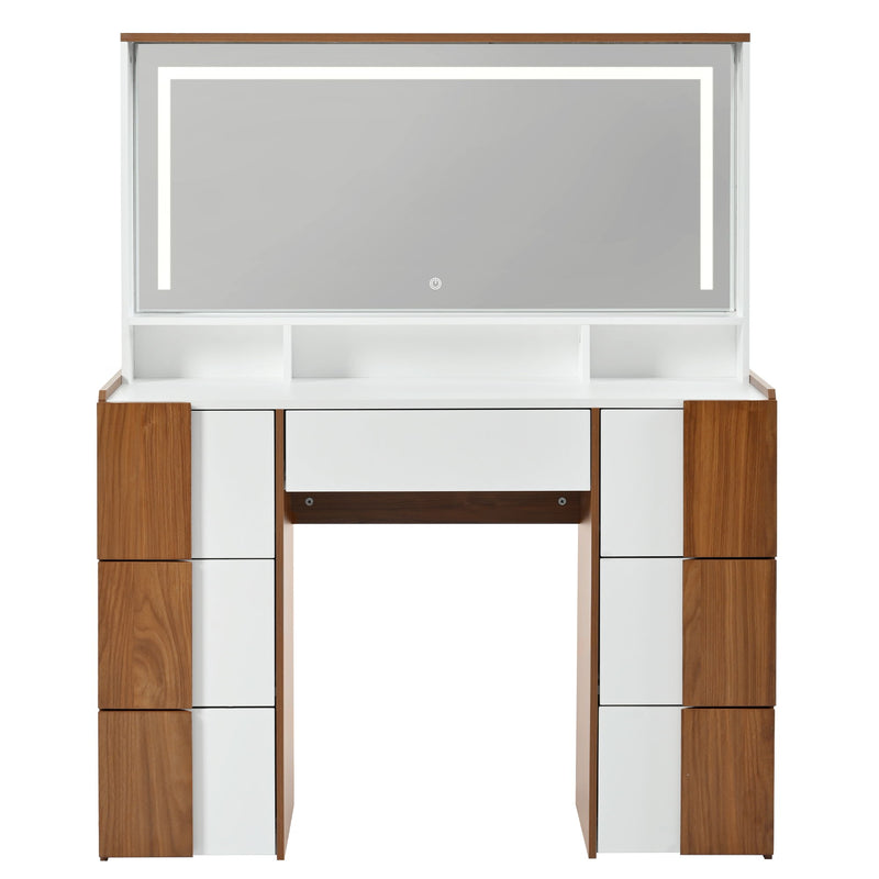 Elegant Vanity Table With Large Lighted Mirror & Power Outlet, Dressing Table With 7 Drawers & Shelves, Vanity Desk With Brown Solid Wood Style Stickers - Brown / White