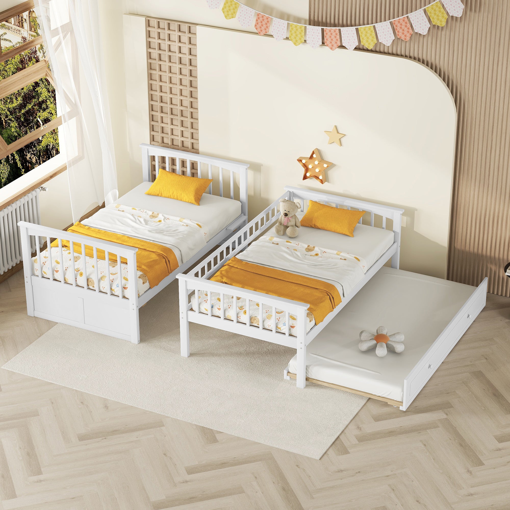 Twin over Twin Bunk Bed with Twin Size Trundle, Convertible Beds, White - Atlantic Fine Furniture Melbourne FL