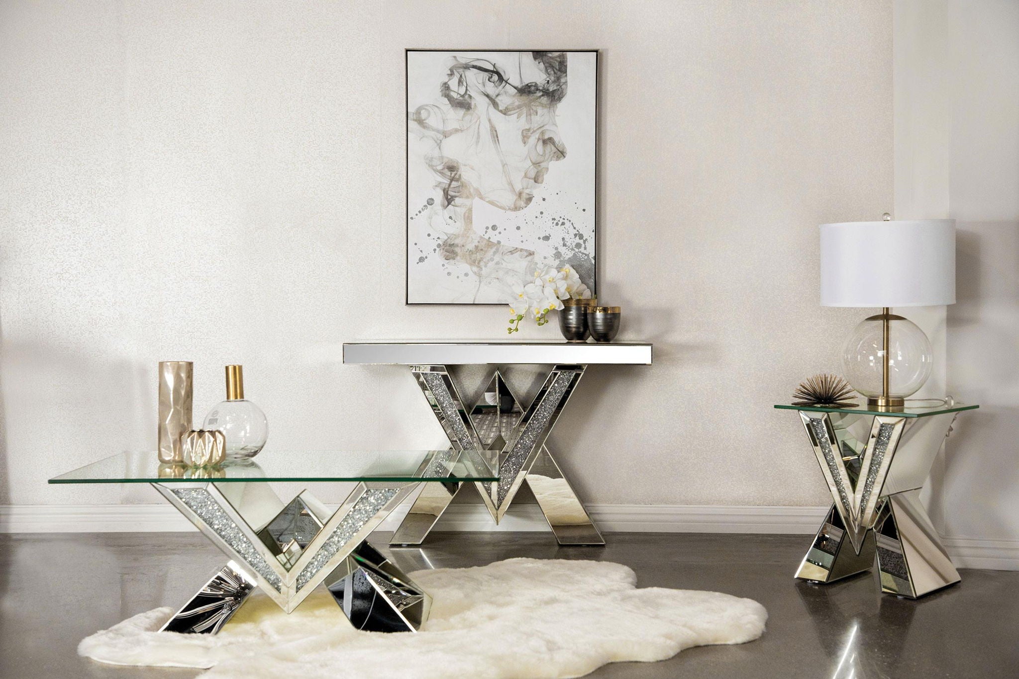 Taffeta Glass Top Mirrored Acrylic Coffee Table Silver - Atlantic Fine Furniture Melbourne FL