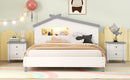 Full Size Wood Platform Bed with House-shaped Headboard and Motion Activated Night Lights (White+Gray)