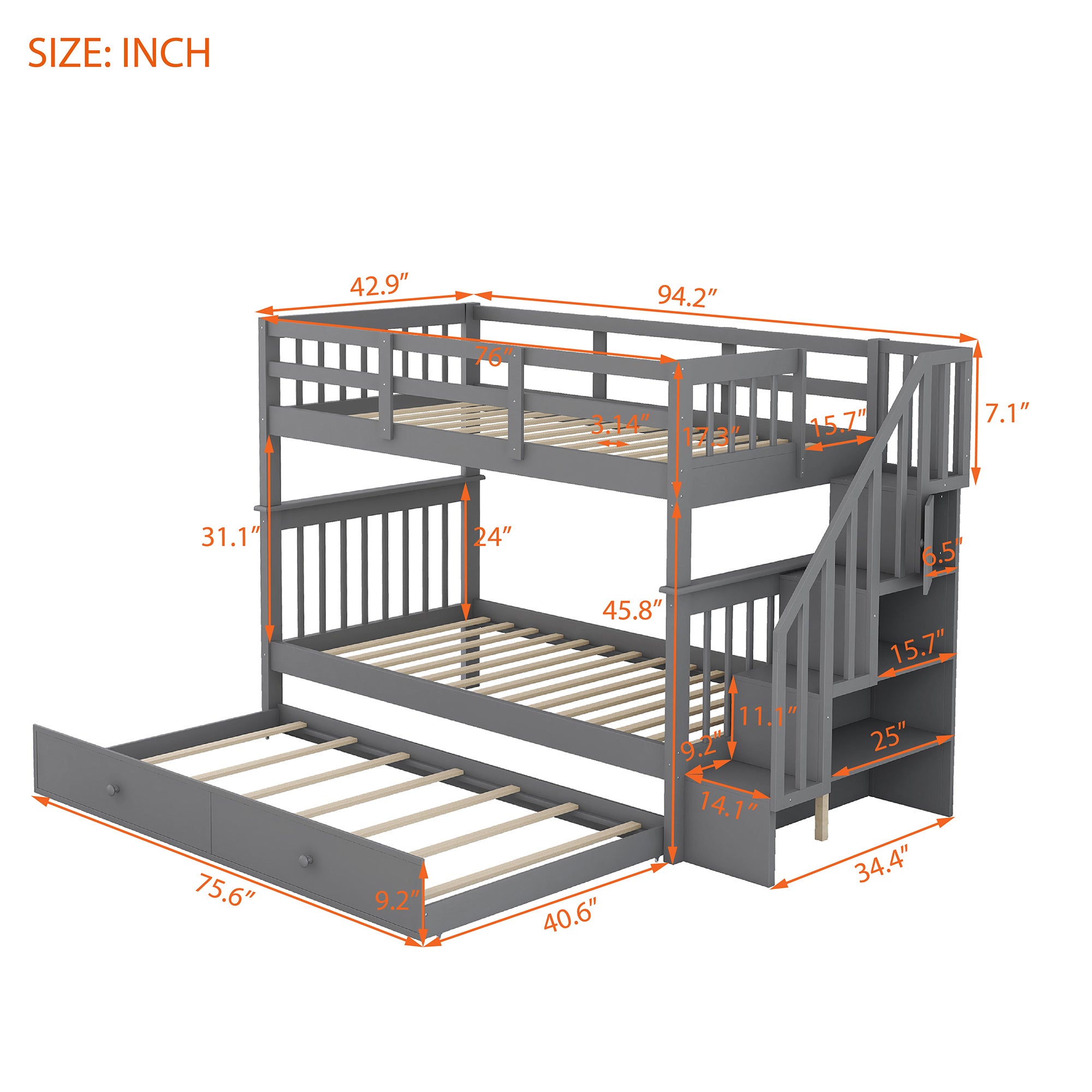 Stairway Twin-Over-Twin Bunk Bed with Twin size Trundle for Bedroom, Dorm, Adults, Gray( old sku: LP000209AAE ) - Atlantic Fine Furniture Melbourne FL