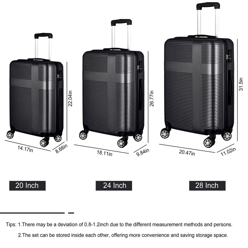 3 Piece Luggage With Tsa Lock Abs, Durable Luggage Set, Lightweight Suitcase With Hooks, Spinner Wheels Cross Stripe Luggage Sets