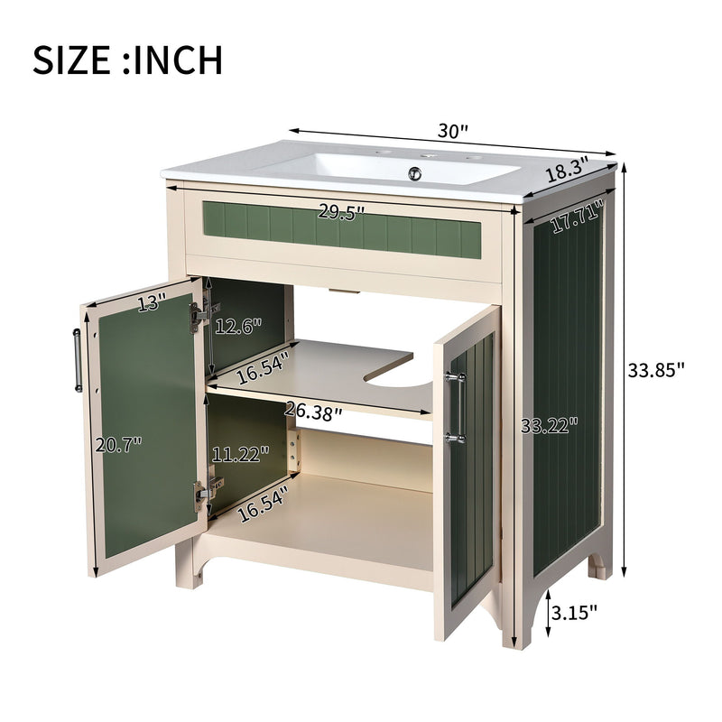 Bathroom Vanity Cabinet With Ceramic Sink Combo Set, Frame Modern Bathroom Storage Cabinet With Height Adjustable Shelf - Beige / Green