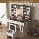 Rustic Farmhouse Makeup Vanity Desk With Sliding Mirror, LED Lights, And Charging Socket - White