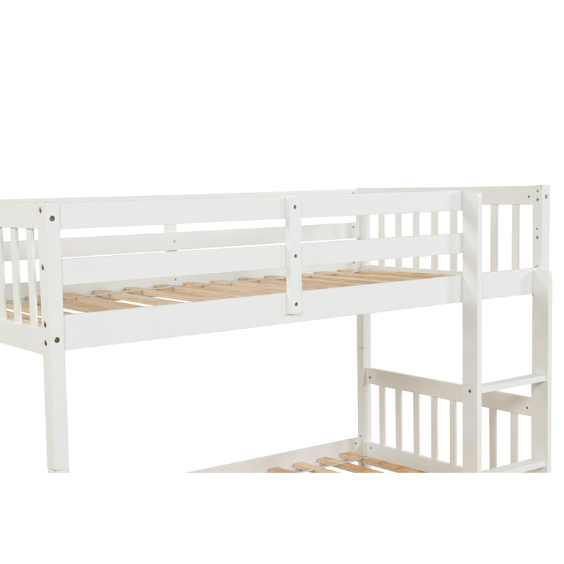 Twin Over Twin Bunk Beds with Trundle, Solid Wood Trundle Bed Frame with Safety Rail and Ladder, Kids/Teens Bedroom, Guest Room Furniture, Can Be converted into 2 Beds, White (Old Sku:W504S00028)