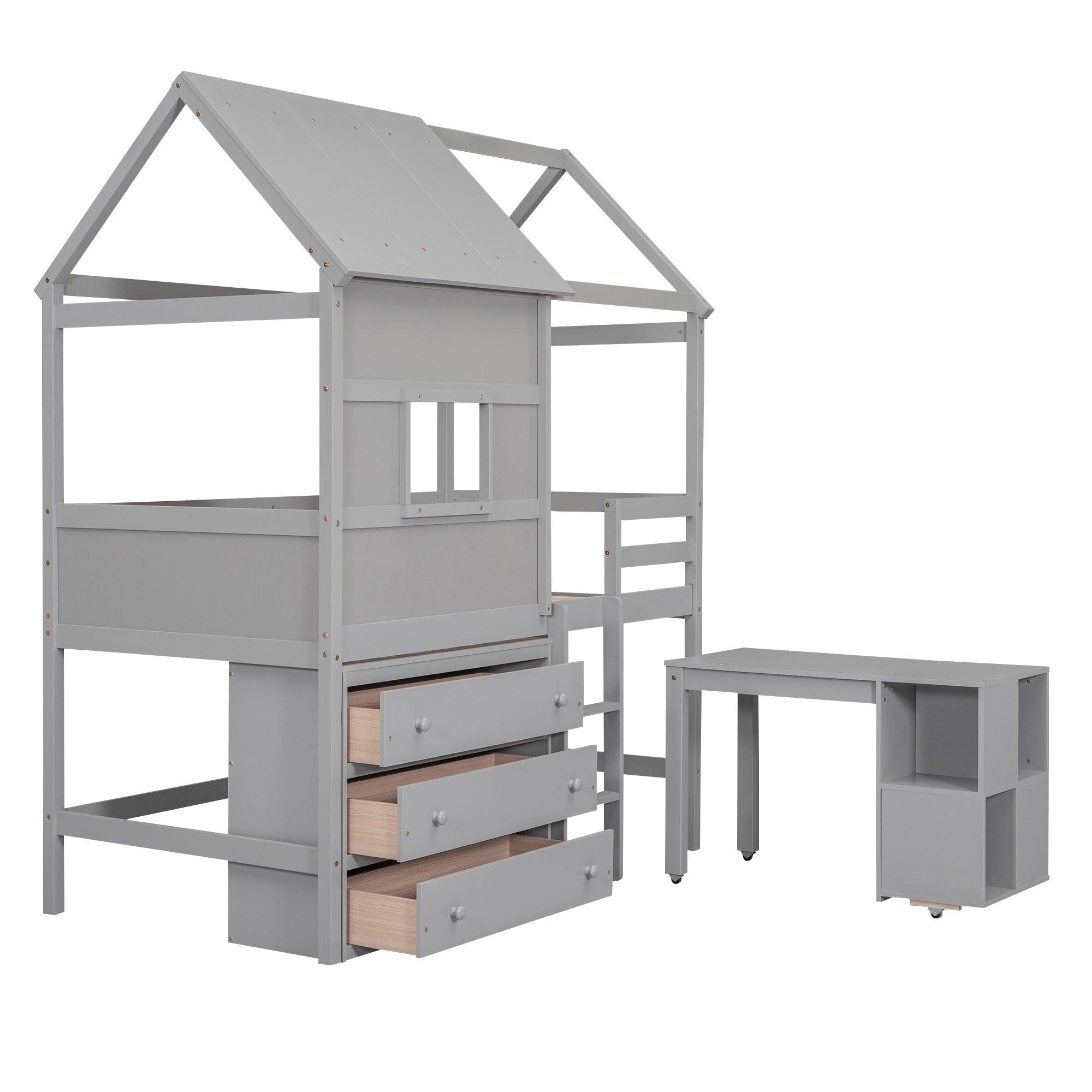 Twin Size House Loft Bed with Storage Desk and 3 Drawer Chest, Gray - Atlantic Fine Furniture Melbourne FL