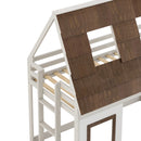 Cozy and Fun Wood Twin Size House Bunk Bed with Window Roof Shape Design with Ladder and Climbing Ramp, Brown+White