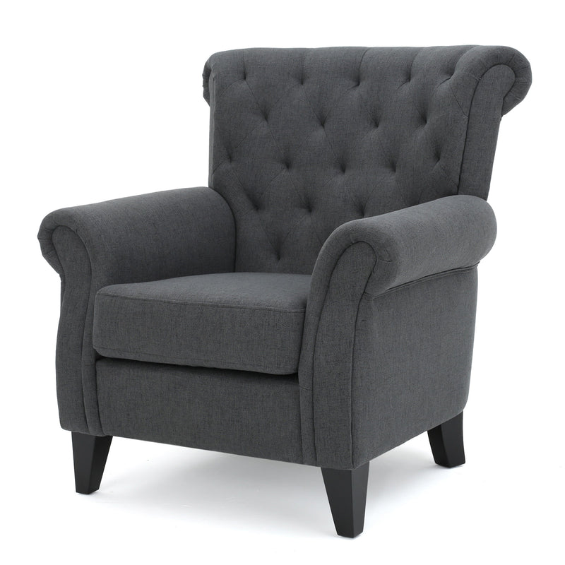 Comfy Accent Chair With Tufted Backrest, Bedroom Single Seat Arm Chair With Wooden Legs, Modern Side Chairs For Living Room - Dark Gray