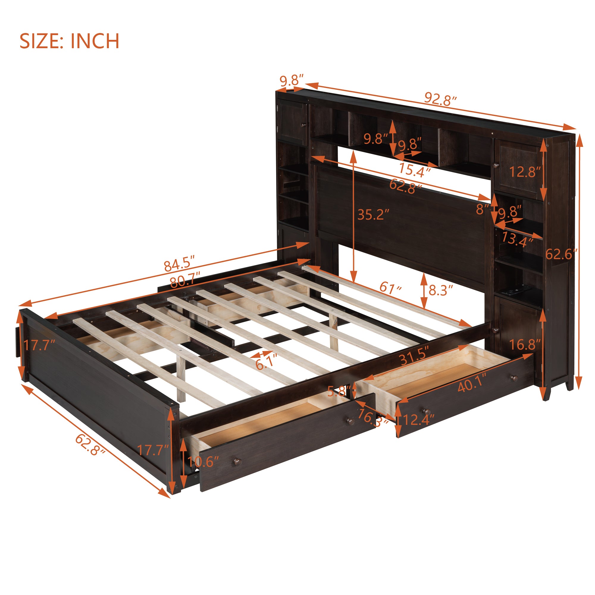 Queen Size Wooden Bed With All-in-One Cabinet, Shelf and Sockets, Espresso - Atlantic Fine Furniture Melbourne FL