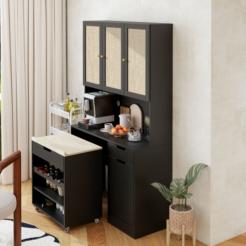 Kitchen Pantry Storage Cabinet, Modern Buffet Cabinet With Kitchen Cart, Tall Kitchen Hutch Cabinet With Microwave Stand, Food Pantry Cabinet With 3 Rattan Doors And Adjustable Shelves - Black