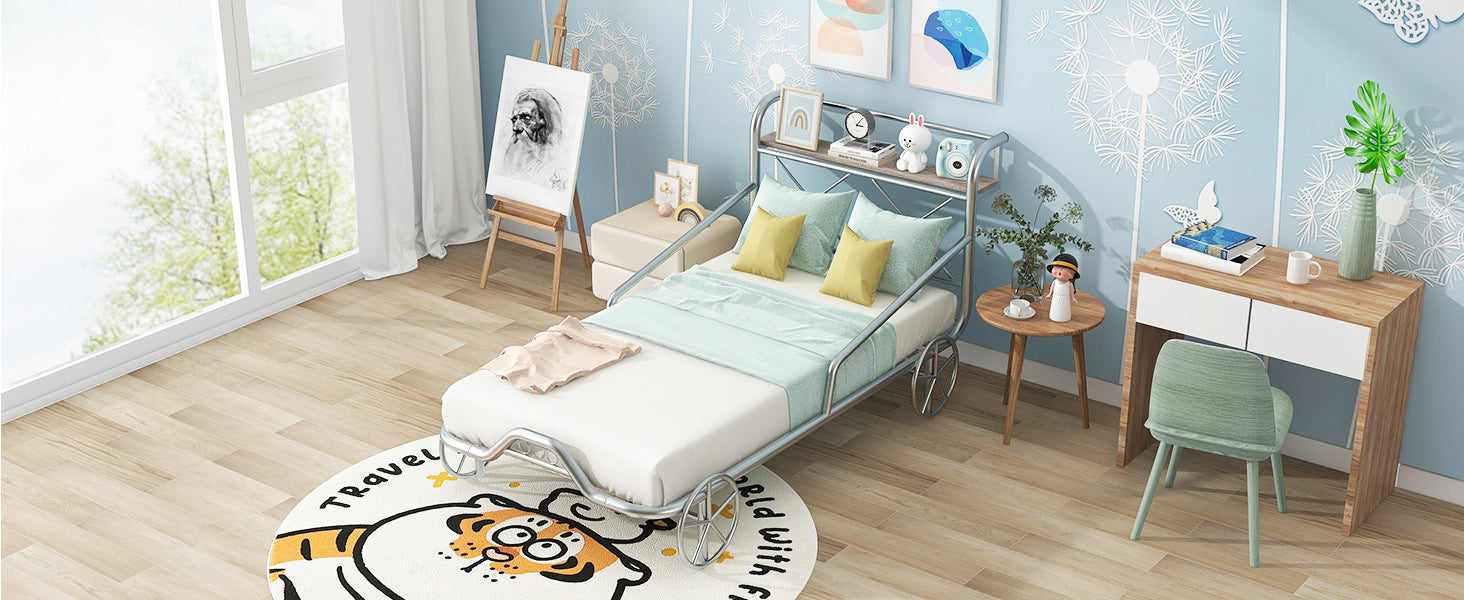 Twin Size Metal Car Bed with Four Wheels, Guardrails and  X-Shaped Frame Shelf, Silver(Old SKU: MF297599AAN) - Atlantic Fine Furniture Melbourne FL