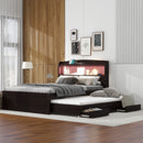 Full XL Size Platform Bed with Storage LED Headboard, Charging Station, Twin Size Trundle and 2 Drawers, Dark Brown