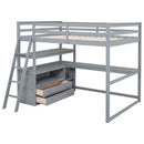 Full Size Loft Bed with Desk and Shelves,Two Built-in Drawers,Gray(Old SKU: GX000416AAE)