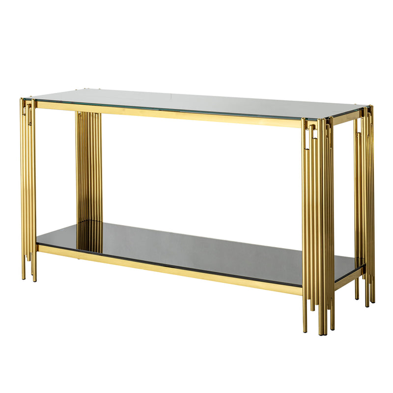 Modern Glass Top Mirror Stainless Steel Console Table For Living Room, Tempered Glass - Black / Gold