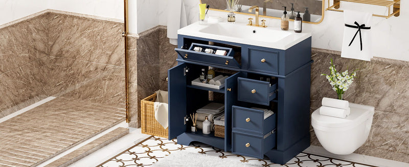 Bathroom Vanity With Resin Sink Combo, Frame Bathroom Storage Cabinet, Freestanding Vanity Set With 3 Drawers & Adjustable Shelf - Blue