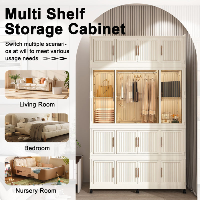 Portable Wardrobe Closet Storage Organizer With Magnetic Doors, Polypropylene - Cream White