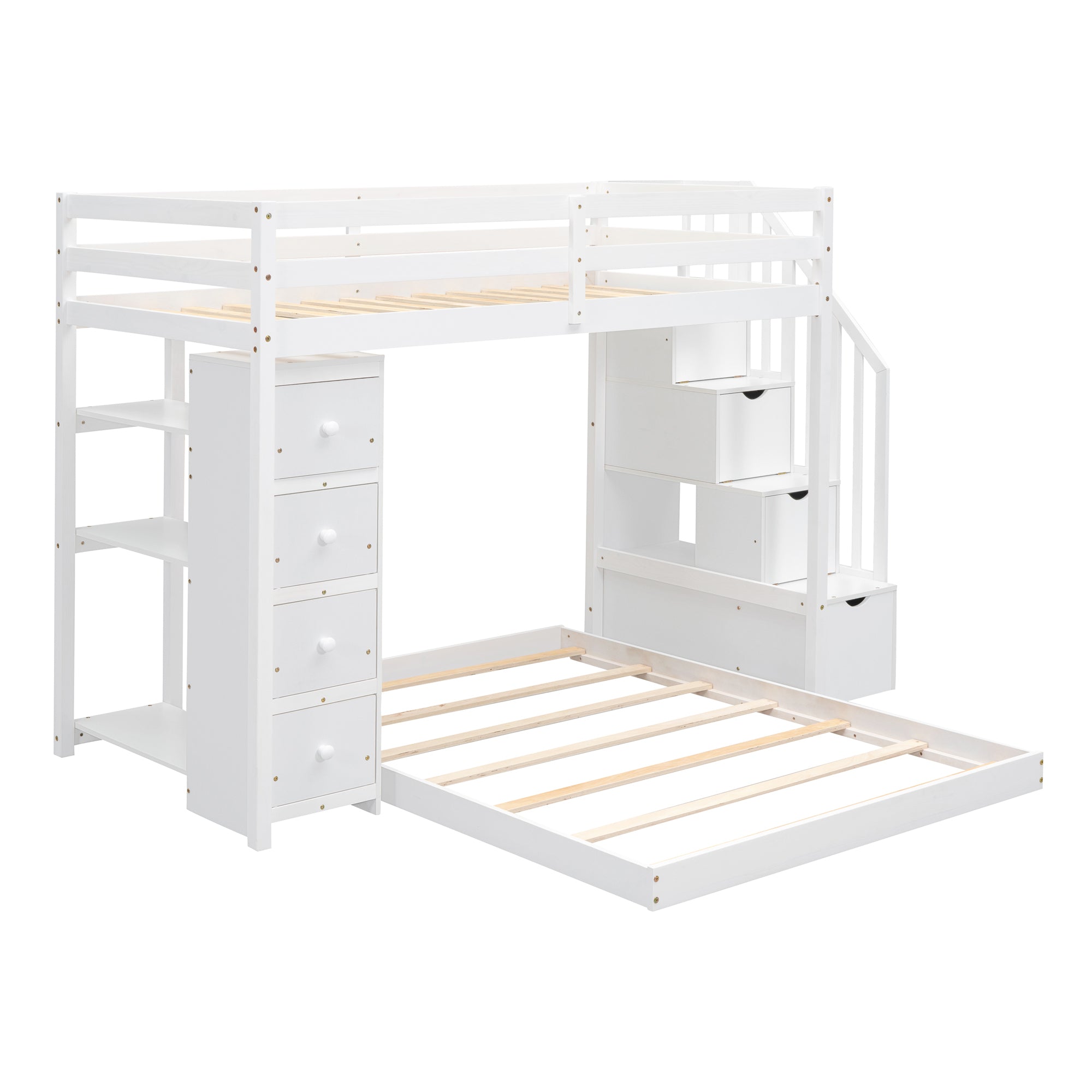 Twin Over Full Bunk Bed with 3-layer Shelves, Drawers and Storage Stairs, White - Atlantic Fine Furniture Melbourne FL