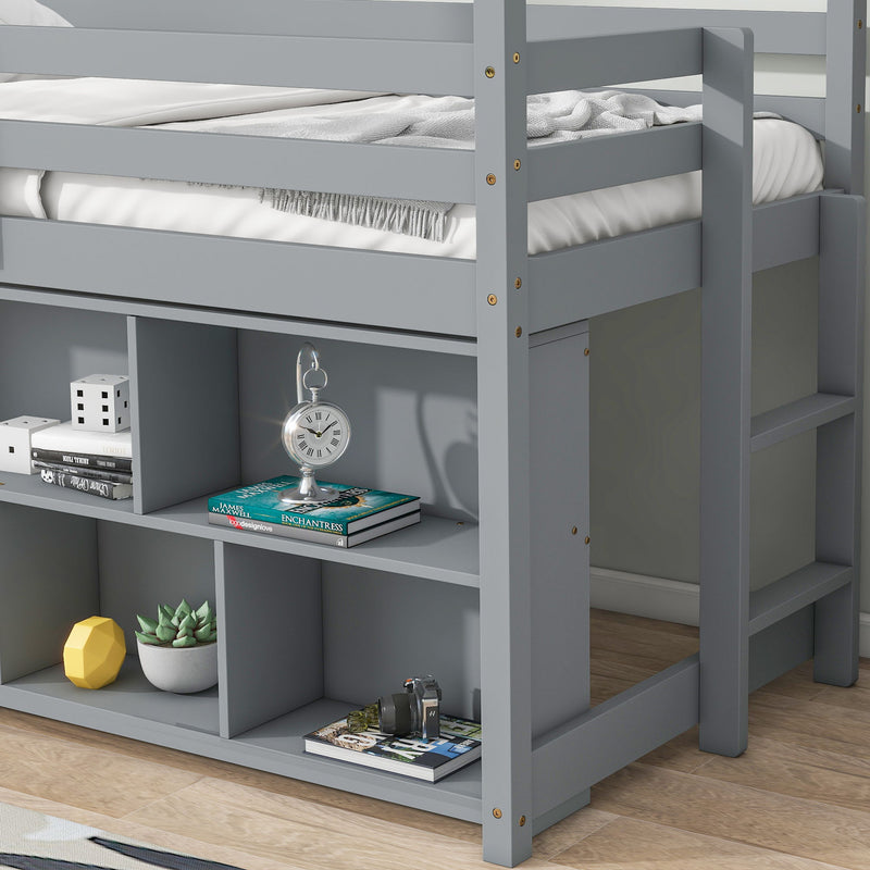 House Loft Bed With Roof Frame, Under Bed Shelving Storage Unit, Guardrails, Ladder