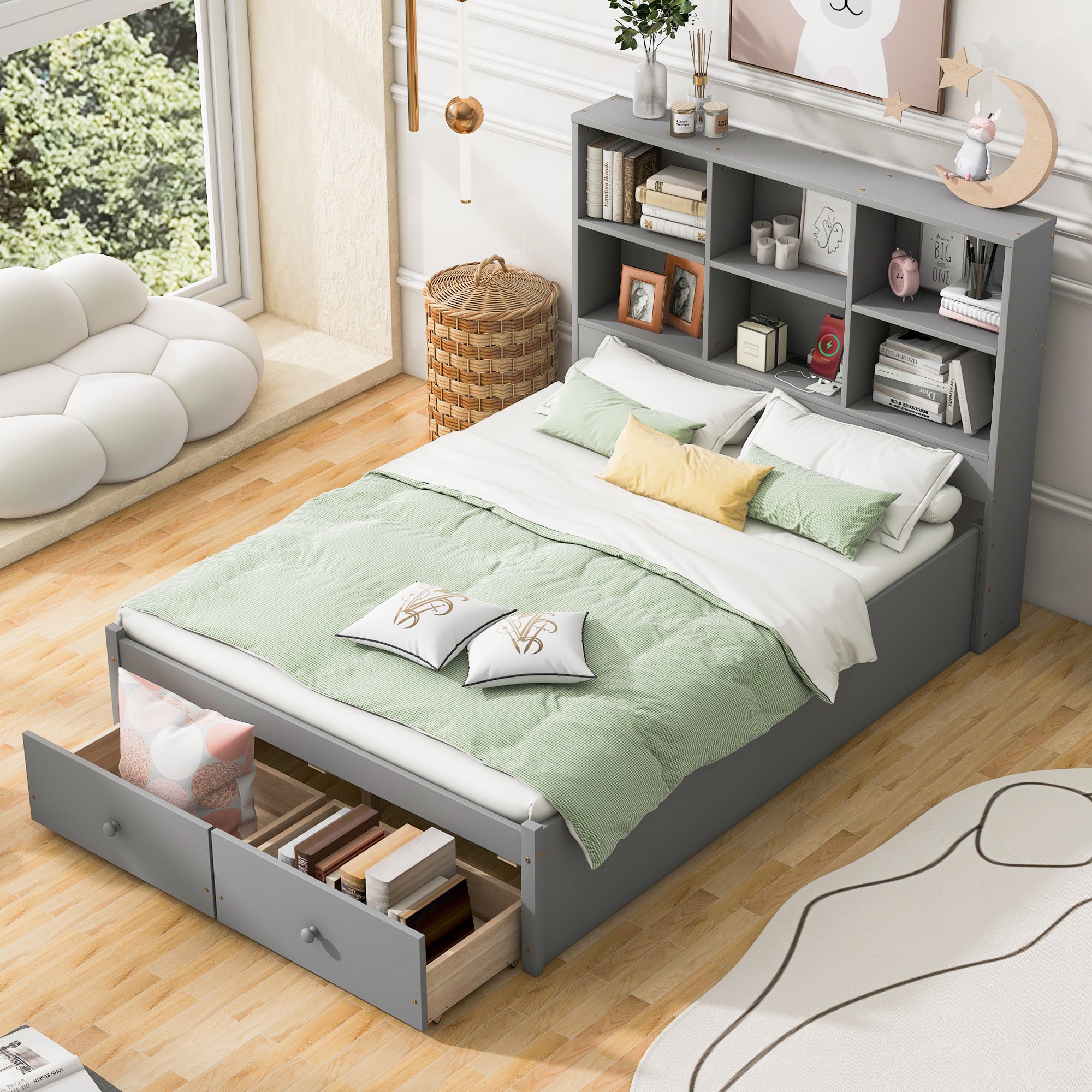 Full Size Platform Bed with Storage Headboard, Charging Station and 2 Drawers, Gray - Atlantic Fine Furniture Melbourne FL