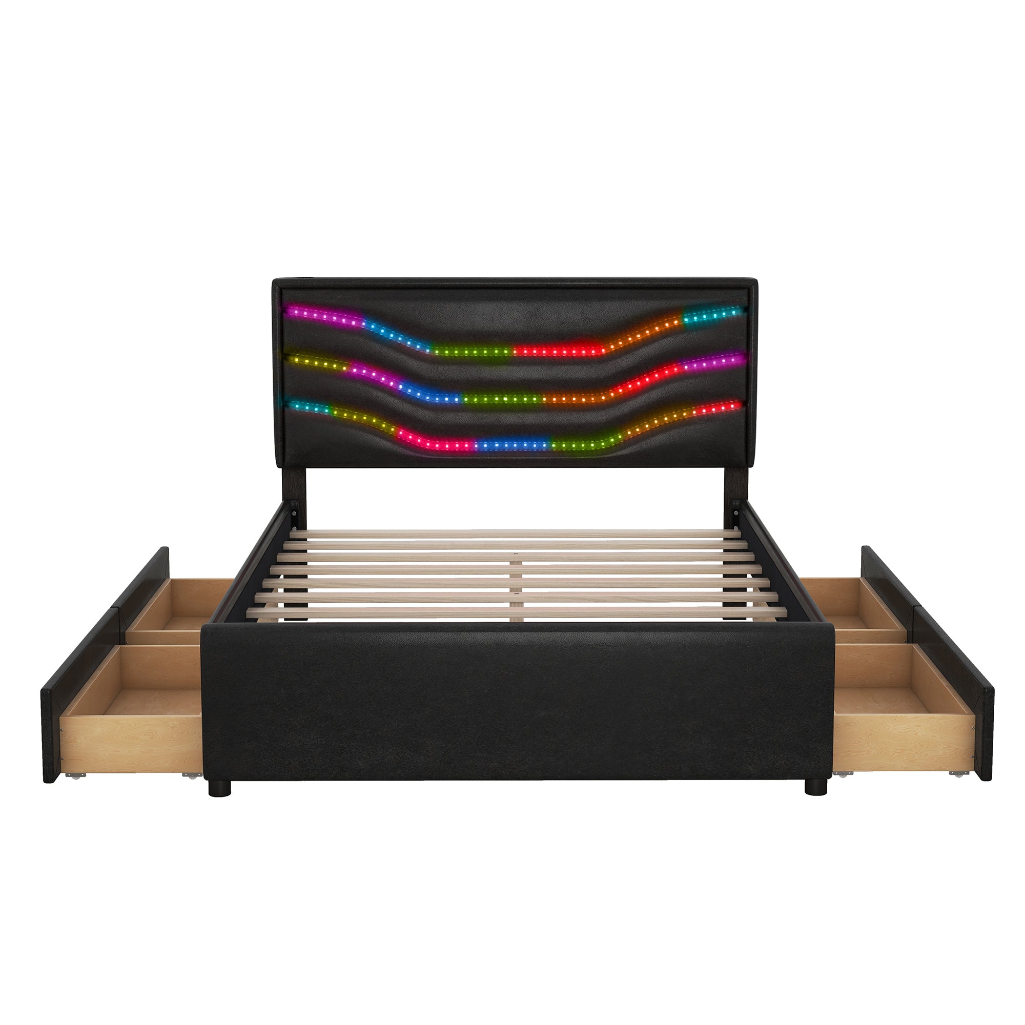 Queen Size Upholstered Storage Platform Bed with LED, 4 Drawers and USB Charging, Black - Atlantic Fine Furniture Melbourne FL