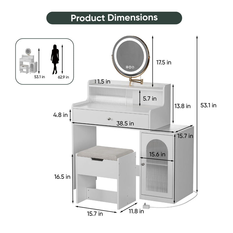 White Vanity Desk With 360° Rotated Mirror And Adjustable Lights, Girls Makeup Vanity Table With Storage Chair And Side Cabinet - Antique White