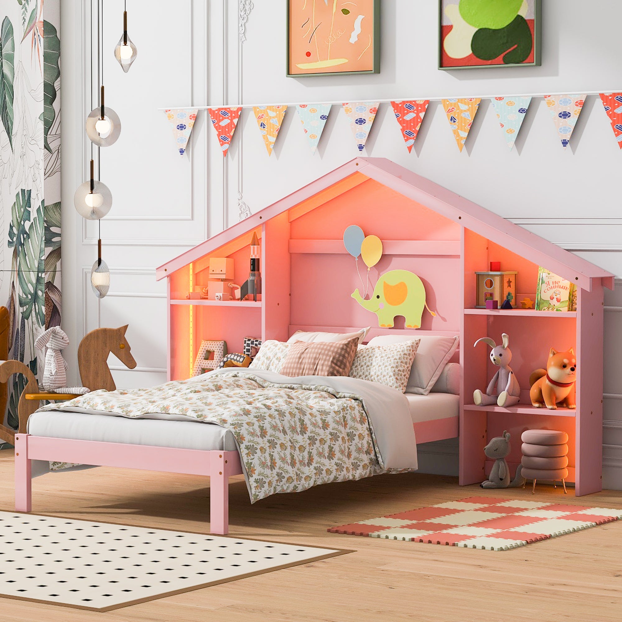 Wood Twin Size Platform Bed with House-shaped Storage Headboard and Built-in LED, Pink - Atlantic Fine Furniture Melbourne FL