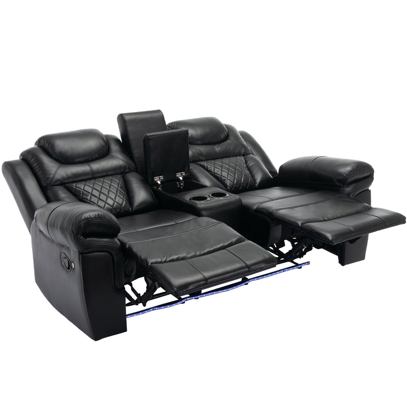 Home Theater Seating Manual Recliner Loveseat With Hide-Away Storage, Cup Holders And Led Light Strip For Living Room