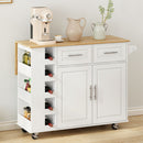 Kitchen Island Cart With 2 Door Cabinet, 2 Drawers, Spice Rack, Towel Holder, Wine Rack, And Foldable Top - White