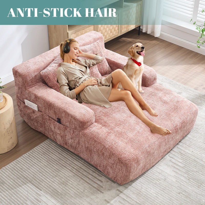 Chenille Interior Lazy Sofa Chaise Longue Armchair With 3 Pillows And Armrests