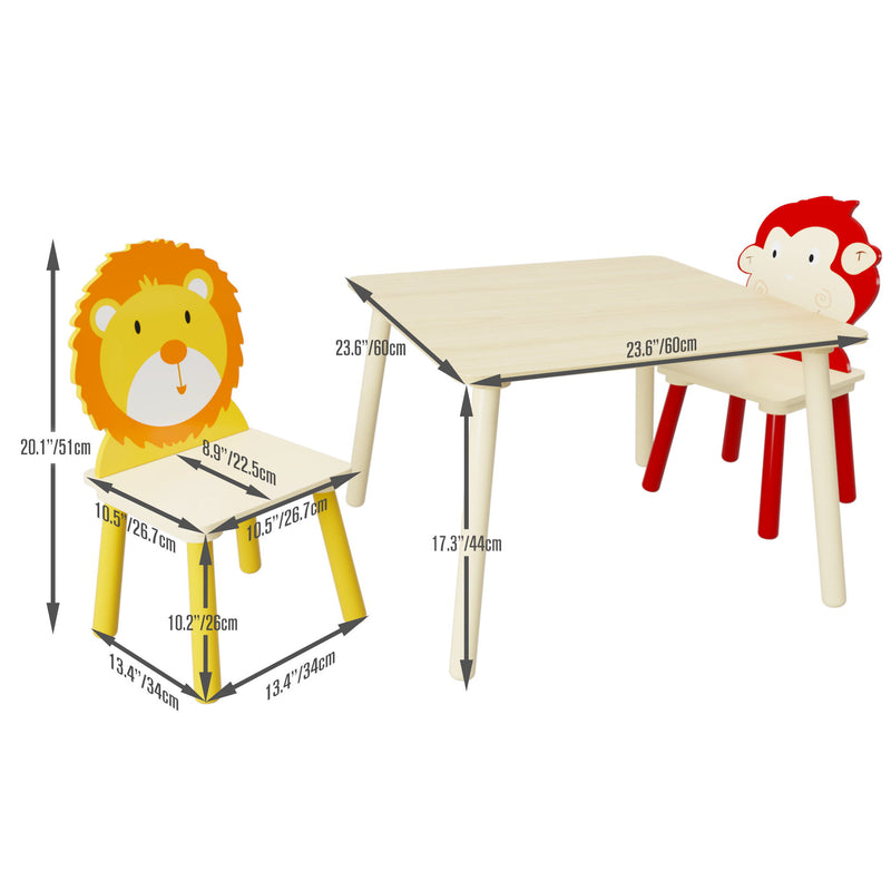 Kids Table And 2 Chairs Set, 3 Pieces Toddler Table And Chair Set, Wooden Activity Play Table Set (Lion&Monkey) - Natural