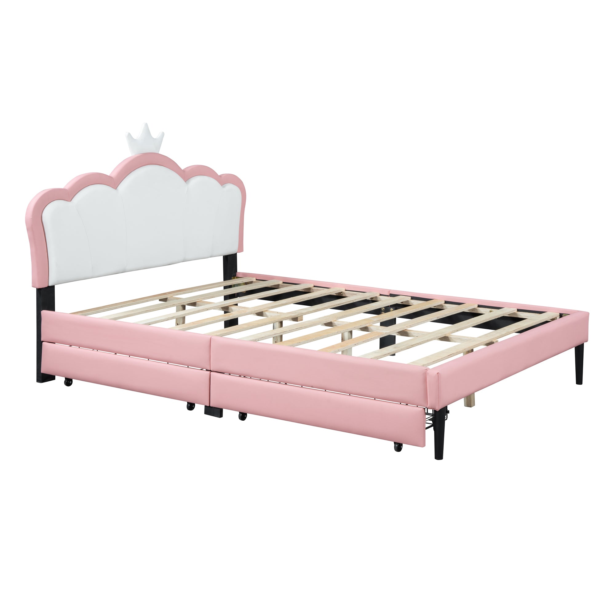 Full Size Princess Bed With Crown Headboard and 2 Drawers, Full size Platform Bed with Headboard and Footboard,White+Pink