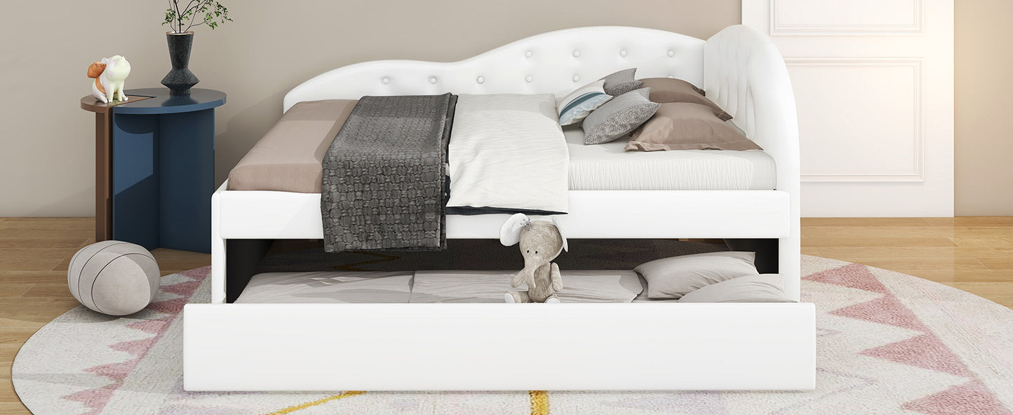 Full Size PU Upholstered Tufted Daybed with Trundle and Cloud Shaped Guardrail, White - Atlantic Fine Furniture Melbourne FL